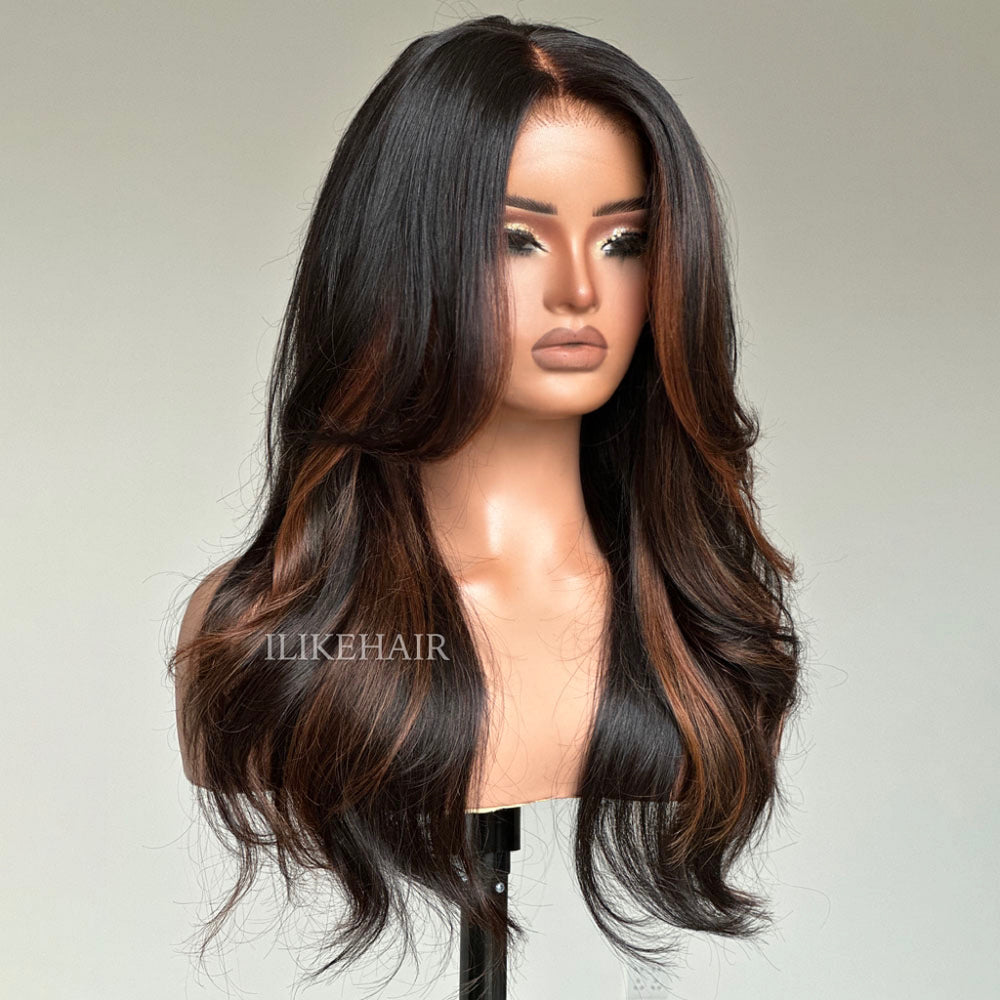 Auburn Brown Highlights Layered Cut Wavy Lace Closure Wig