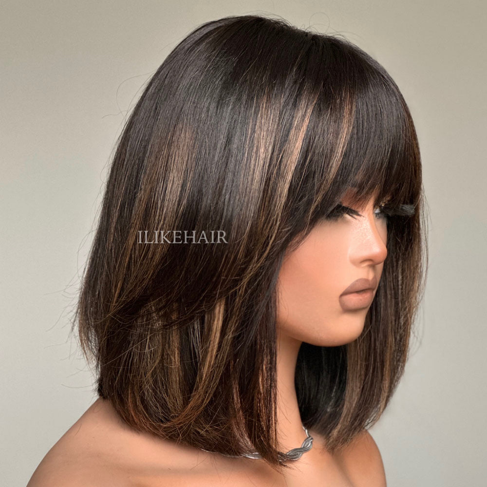 Highlight Short Straight Human Hair Wig With Bangs