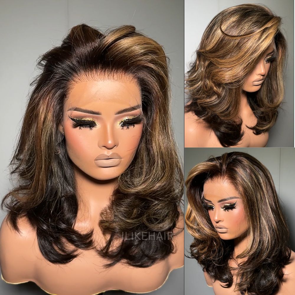 Blonde Highlight With Dark Brown Layered Wavy 13x4 Lace Front Wig