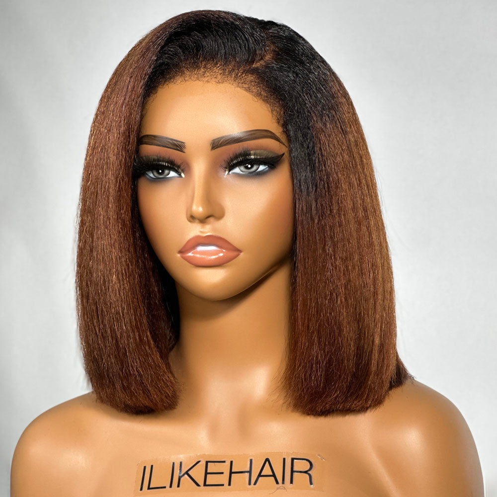 
            
                Load image into Gallery viewer, 5x5 Ombre Brown Kinky Straight Bob Pre Cut HD Lace Kinky Edges Wig
            
        