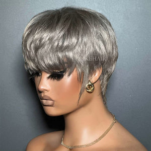 Ash Grey Layered Pixie Cut Glueless Human Hair Wig With Bangs