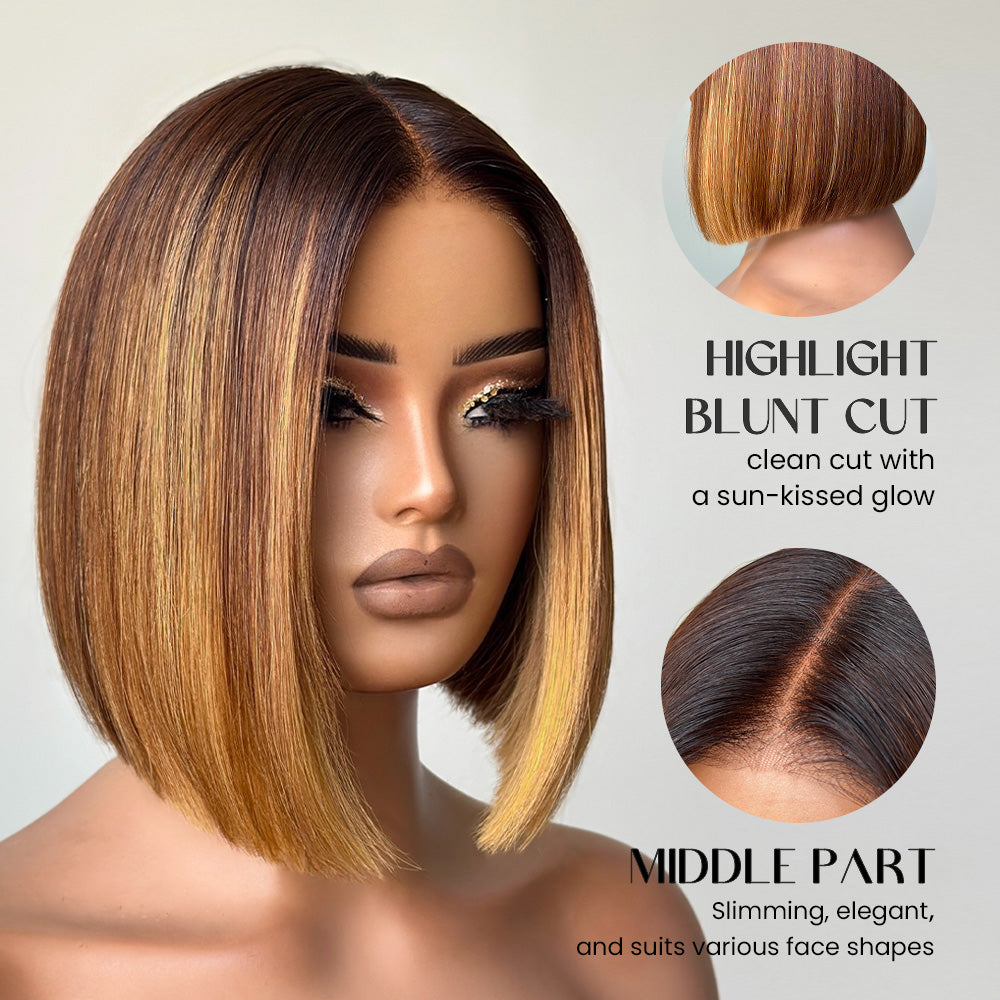 
            
                Load image into Gallery viewer, Ombre Brown With Honey Blonde Highlights Adjustable Cap Virgin Hair Bob HD Lace Wig
            
        