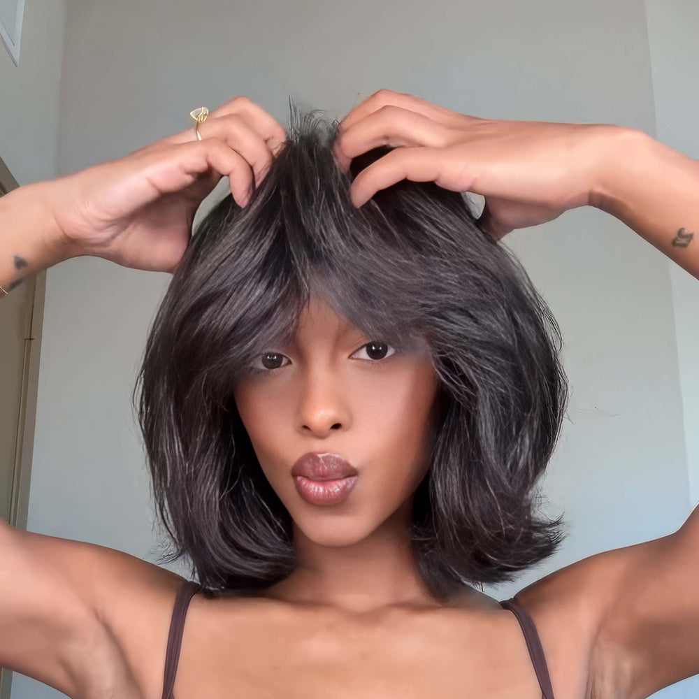 Natural Kinky Straight Layered Blowout Bob Wig