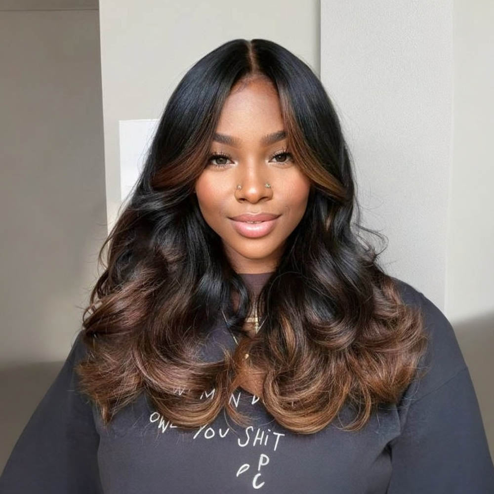 Ombre Brown with Dark Roots  Wavy 13x4 Lace Front Wig