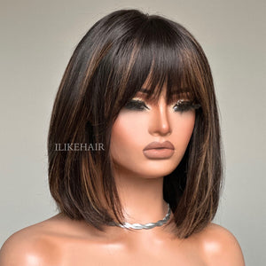 Highlight Short Straight Human Hair Wig With Bangs