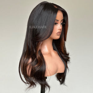 Auburn Brown Highlights Layered Cut Wavy Lace Closure Wig