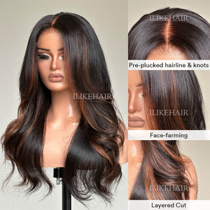 Auburn Brown Highlights Layered Cut Wavy Lace Closure Wig