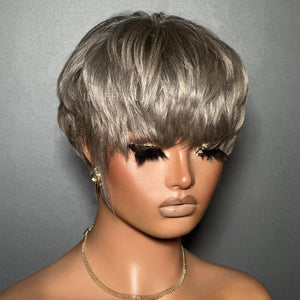 Ash Grey Layered Pixie Cut Glueless Human Hair Wig With Bangs