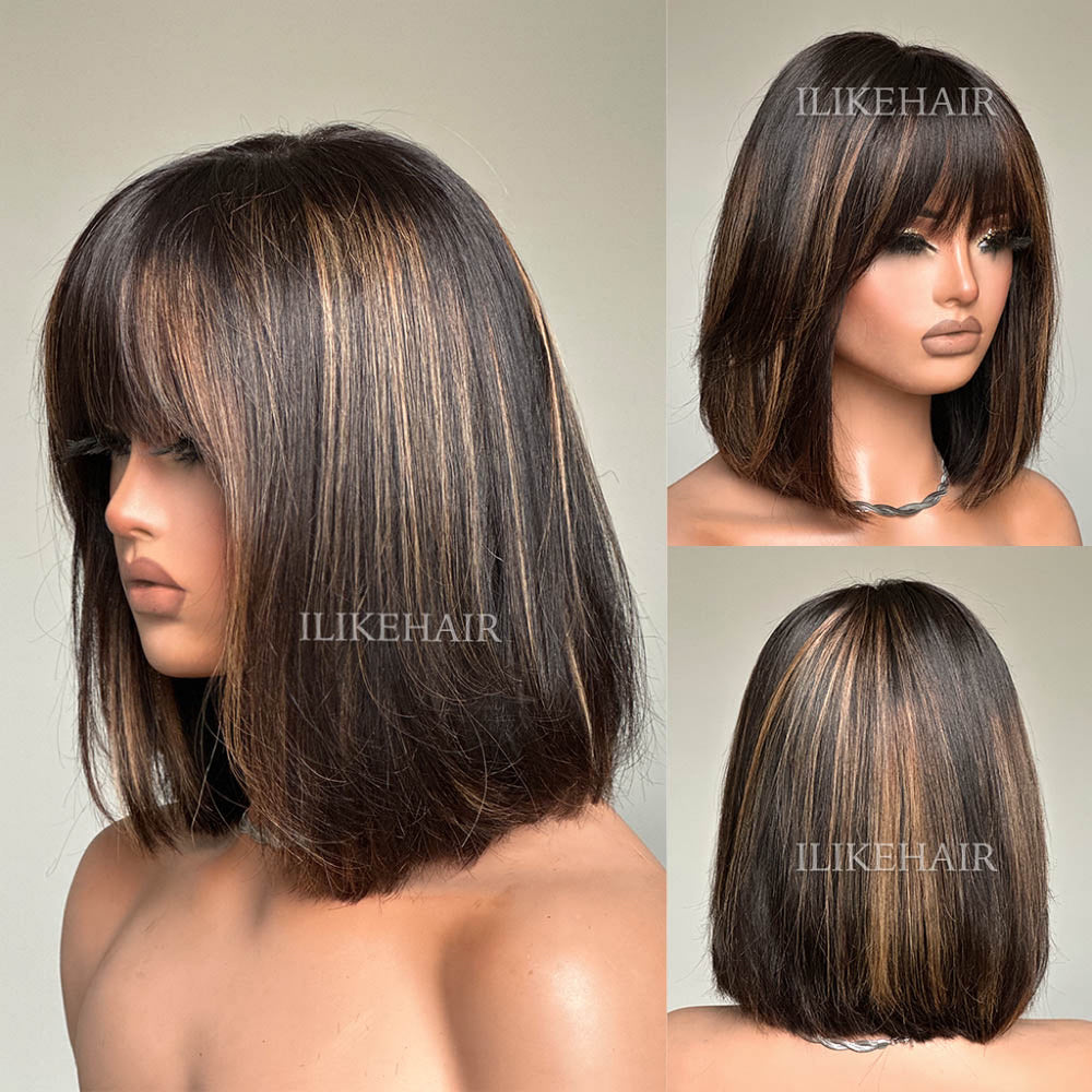 Highlight Short Straight Human Hair Wig With Bangs