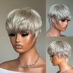 Ash Grey Layered Pixie Cut Glueless Human Hair Wig With Bangs