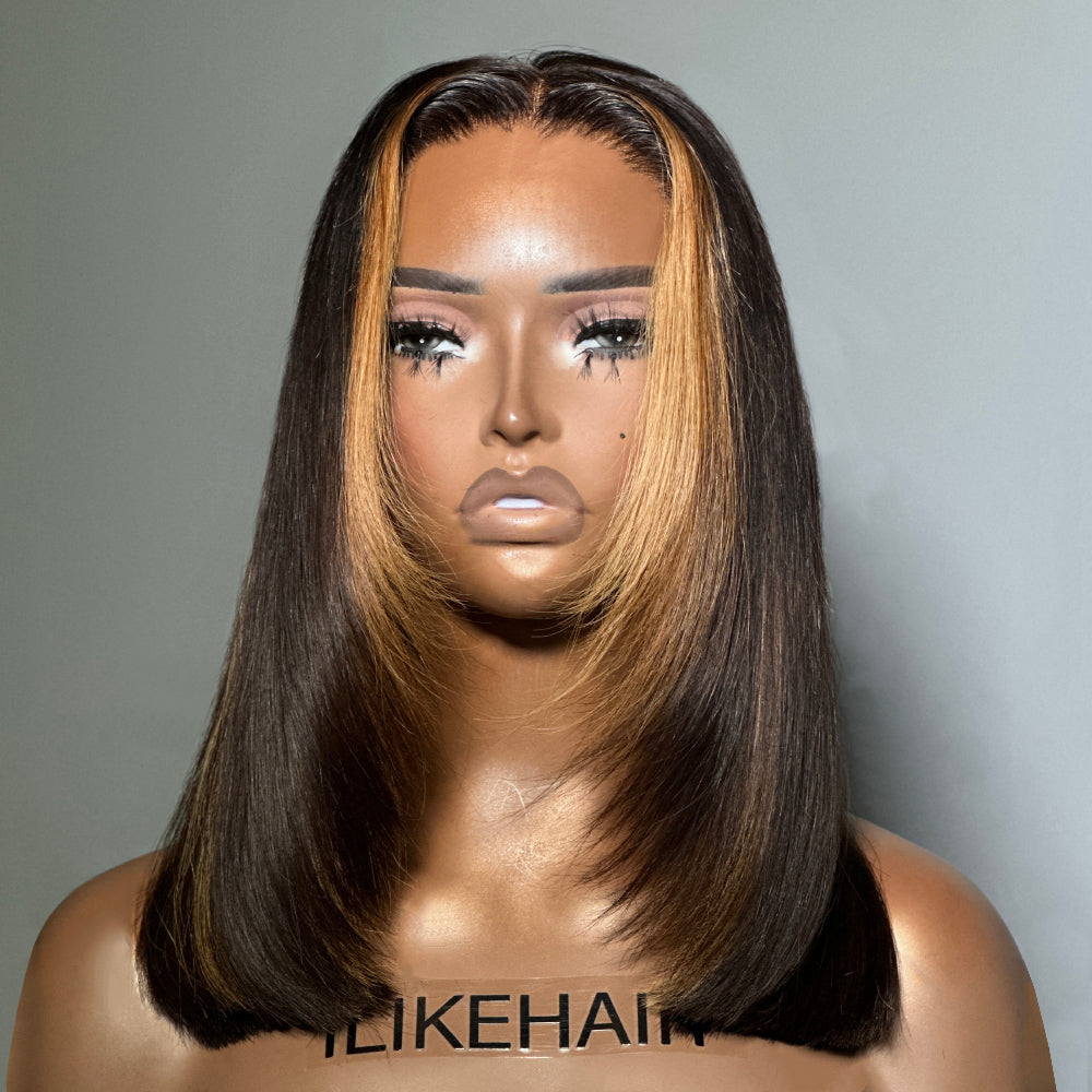 Short Blonde Highlights Layer Cut Silky Straight 5x5 Lace Closure Wig