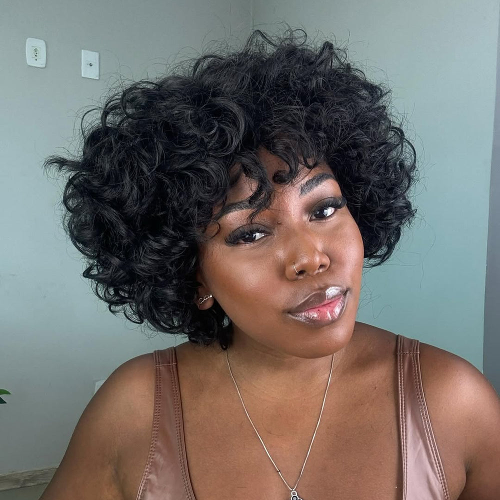 Black Short Curly Bob Wig With Bang