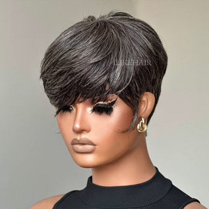 Designer Salt and Pepper Pixie Cuts Glueless Human Hair Wig