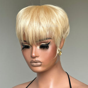 613 Blonde Layered Pixie Cut Glueless Human Hair Wig With Bangs