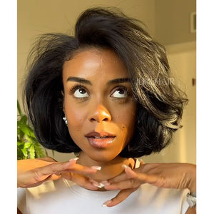 Natural Black Short Layered Wavy Bob Lace Wig