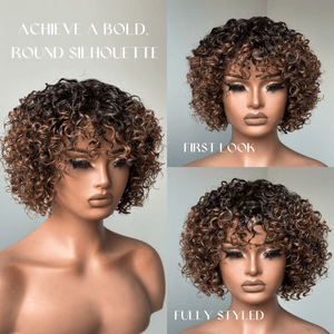 Chic Ombre Mix Color Short Cut Curly Put On & Go Wig 100% Human Hair