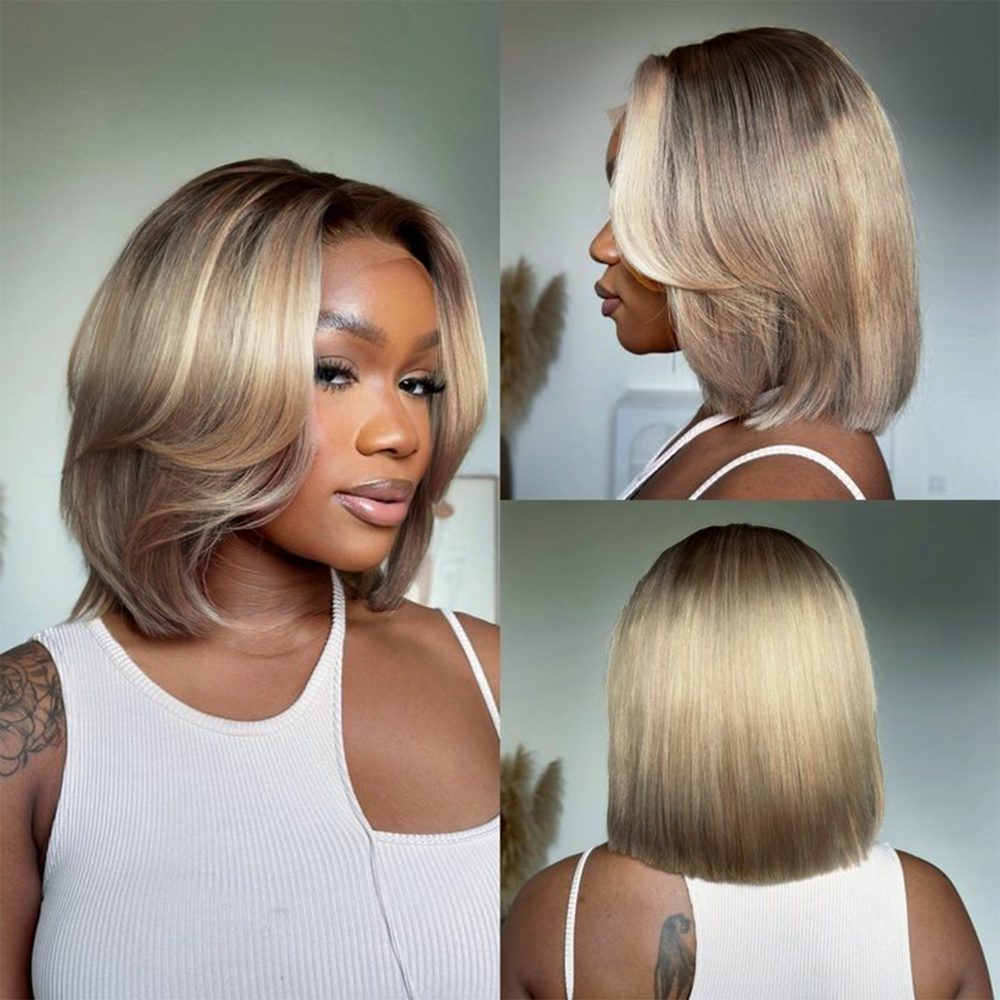 Ombre Ash Blonde Layered Cut Blowout Bob 13×4 Lace Frontal Wig