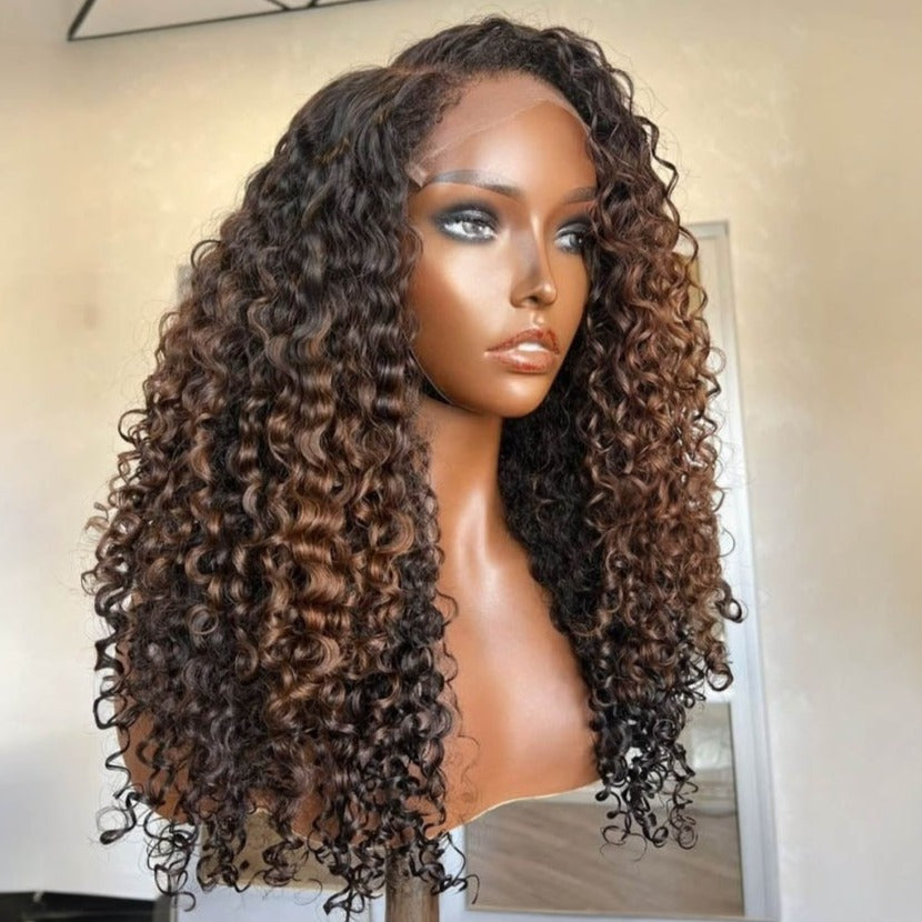 
            
                Load image into Gallery viewer, Designer Medium Brown Curly with Curly Edges 13x4 Lace Front Wig
            
        