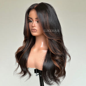 Auburn Brown Highlights Layered Cut Wavy Lace Closure Wig