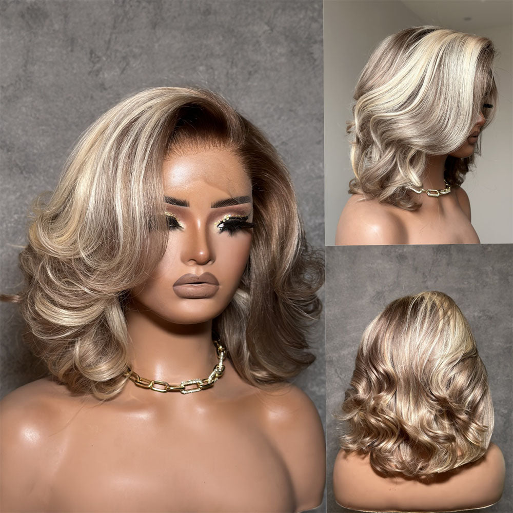 
            
                Load image into Gallery viewer, Ombre 613 Blonde Wave Bob With Dark Root Balayage 13x4 Lace Front Wig
            
        