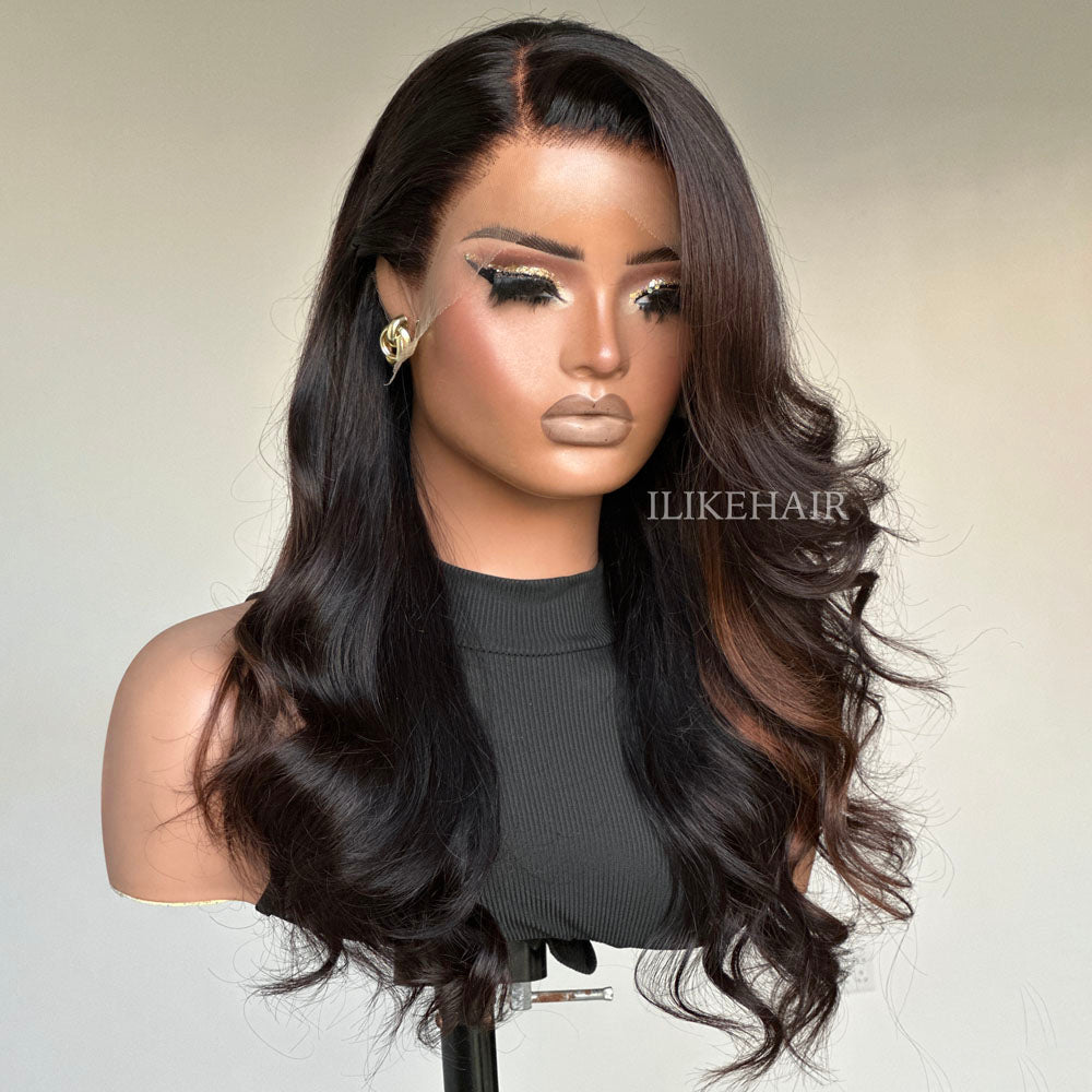 Brown Highlights Side Part Layered Cut Wavy Lace Wig