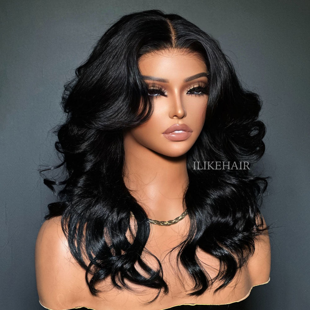 Glueless Layered Wavy Pre-cut With Curtain Bangs Lace Closure Wig