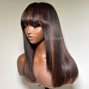 Glueless Highlight Layered Cut Straight 5x5 Lace Closure Wig With Bangs