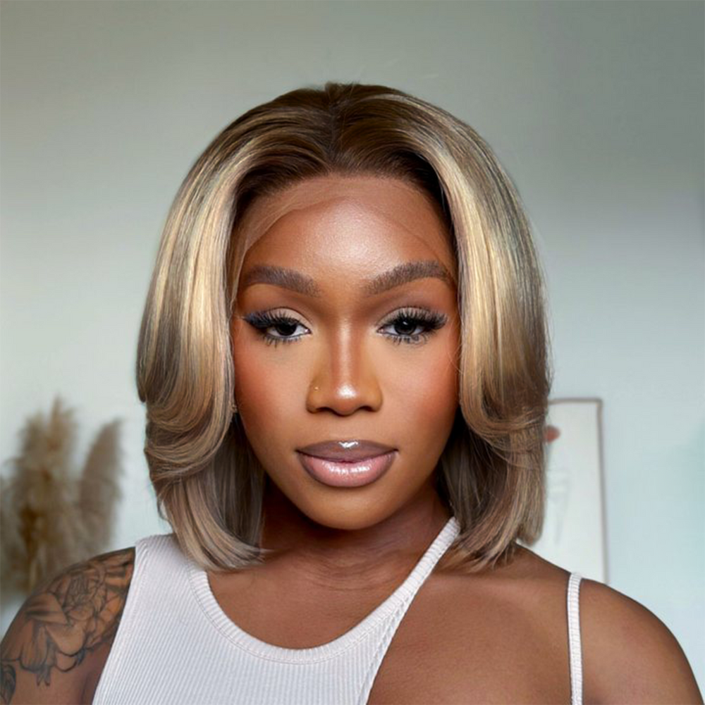 Ombre Ash Blonde Layered Cut Blowout Bob 13×4 Lace Frontal Wig