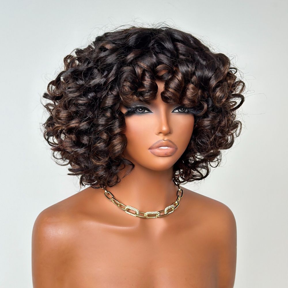 Brown Highlights Glueless Voluminous Curly bob Wig With Bangs