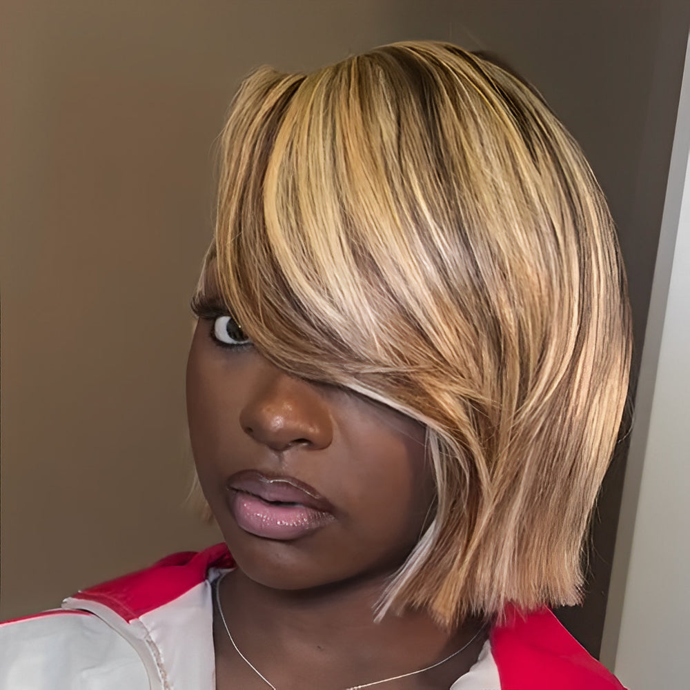 613 Blonde Highlight With Brown Bob 13×4 Lace Frontal Wig with Swoop Bang