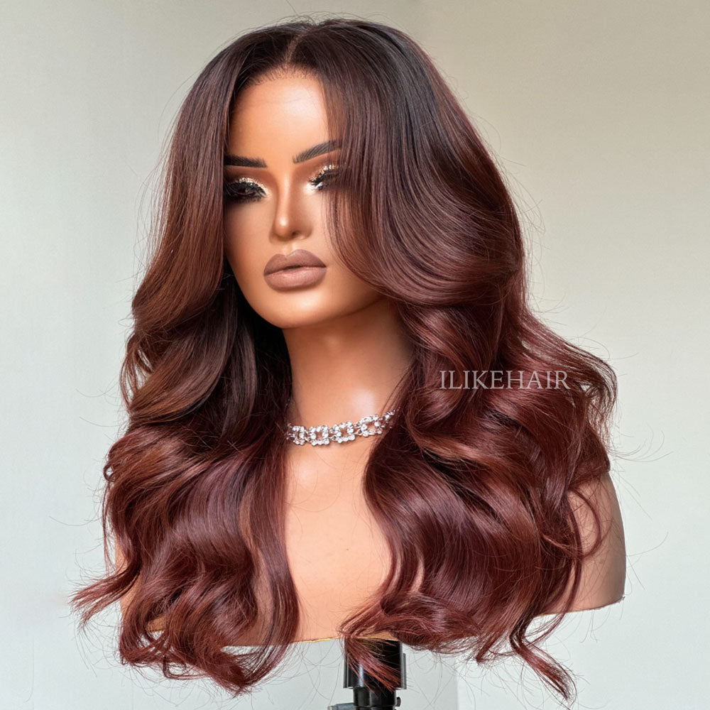 Long Layers Ombre Reddish Brown Body Wave Lace Closure Wig