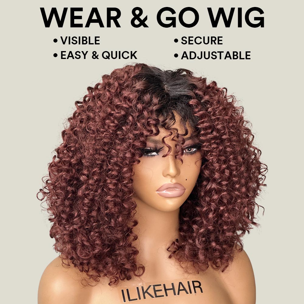 Wear & Go Reddish Brown With Dark Root Curly Bob Wig With Bangs