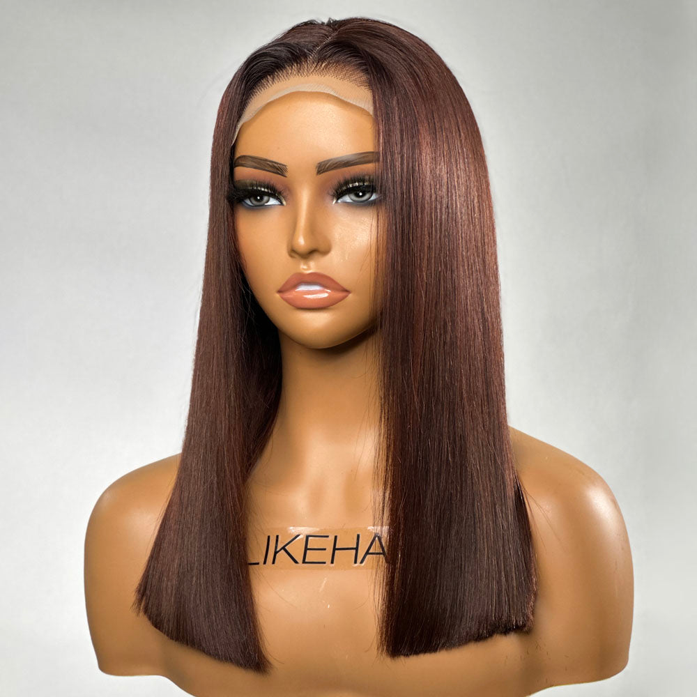 
            
                Load image into Gallery viewer, Chocolate Brown Silk Straight 5x5 Lace Closure Short Bob Wig
            
        
