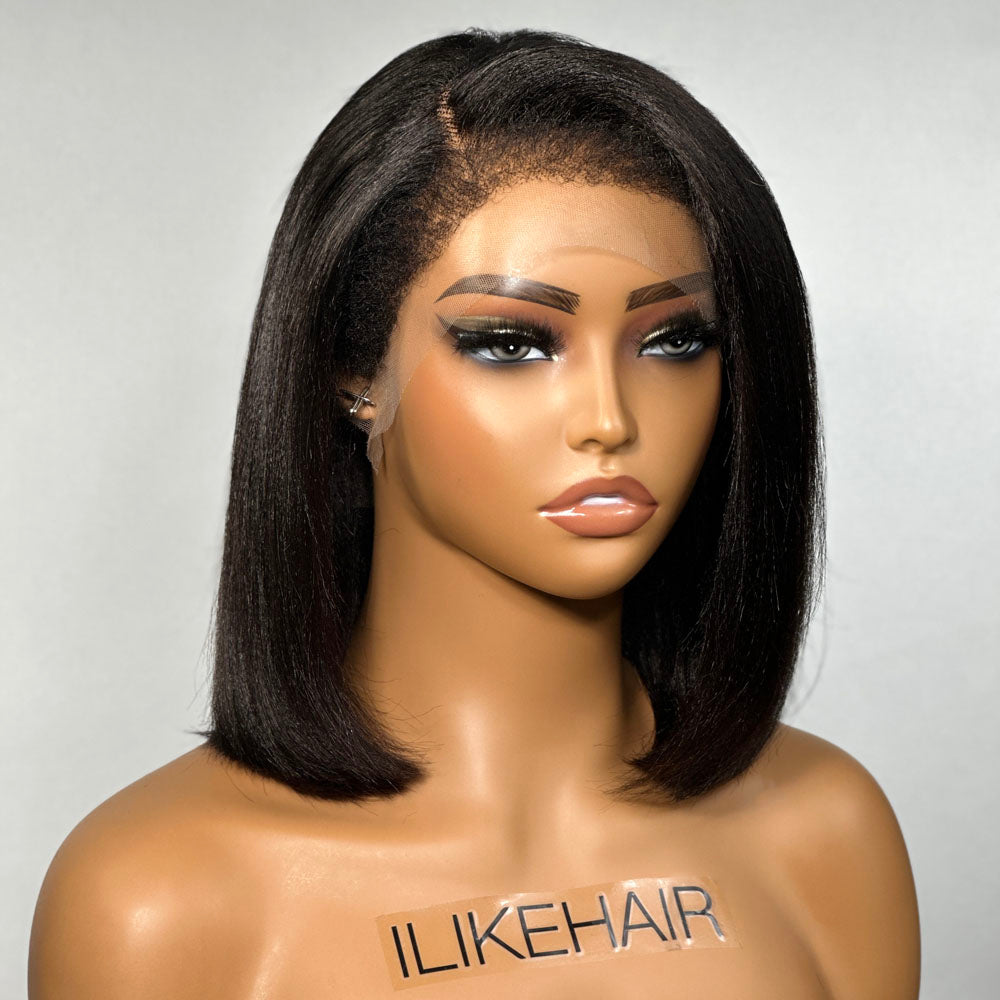 Natural Yaki Texture Blowout Bob 13X4 HD Lace Front Kinky Edges Wig