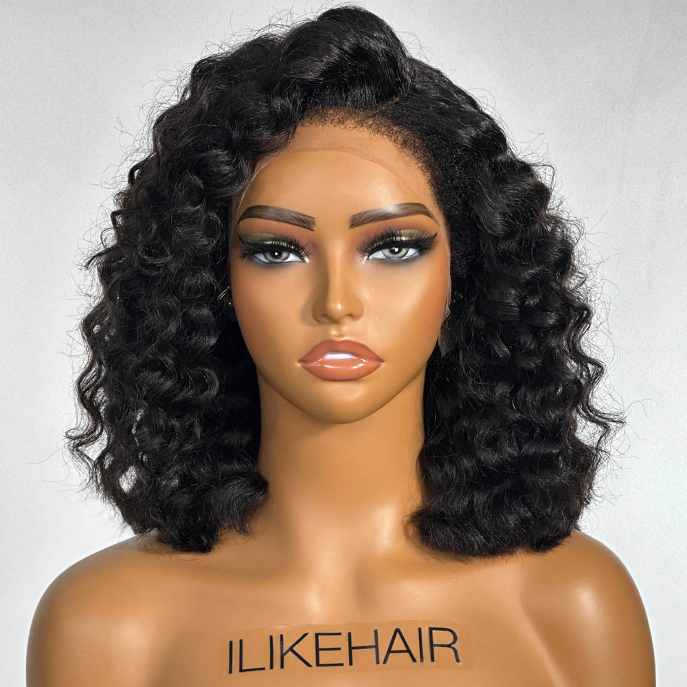 Bouncy Curly Short Cut Hair With 4C Kinky Edges 13x4 HD Lace Front Wig