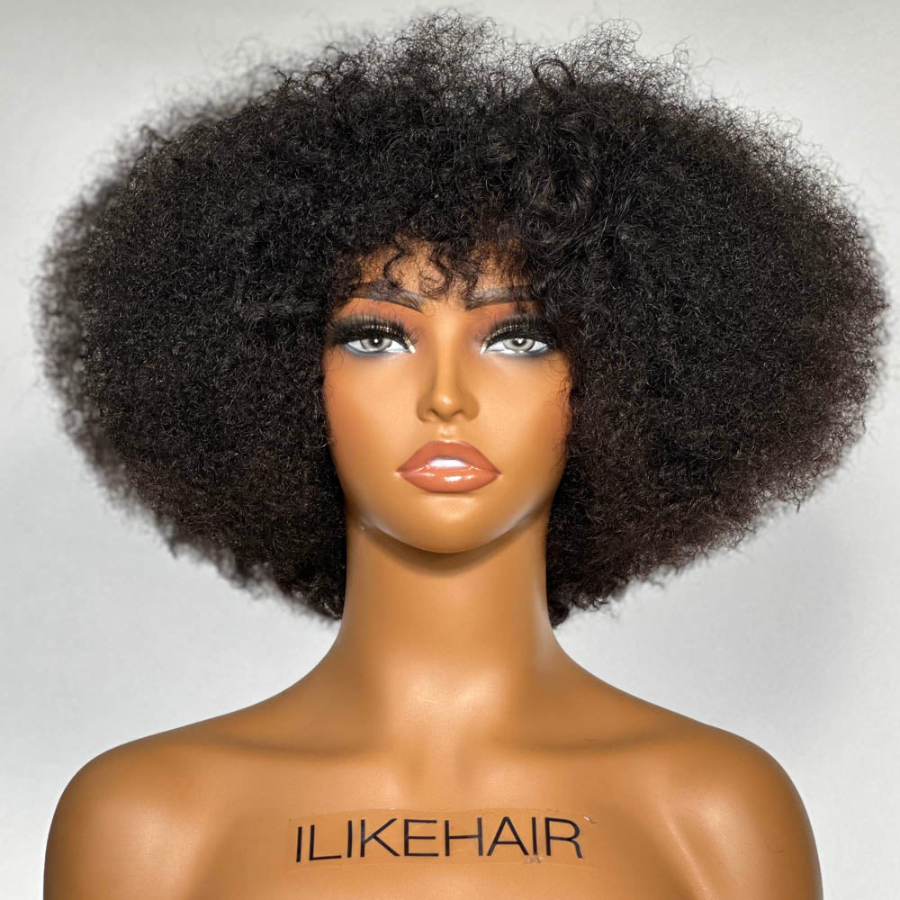 Best Beginner Afro Kinky Curly Human Hair Wig With Bangs