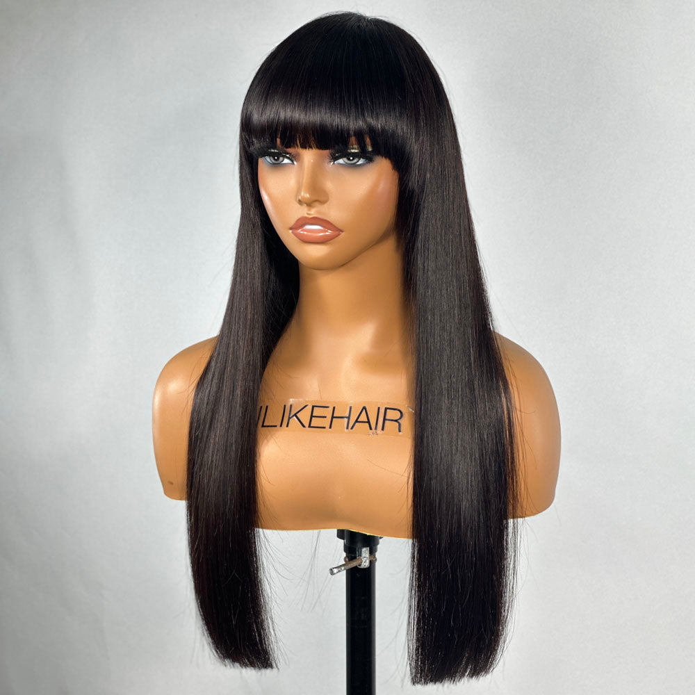 
            
                Load image into Gallery viewer, No Lace Glueless Silky Straight Wig With Bangs 100% Human Hair
            
        