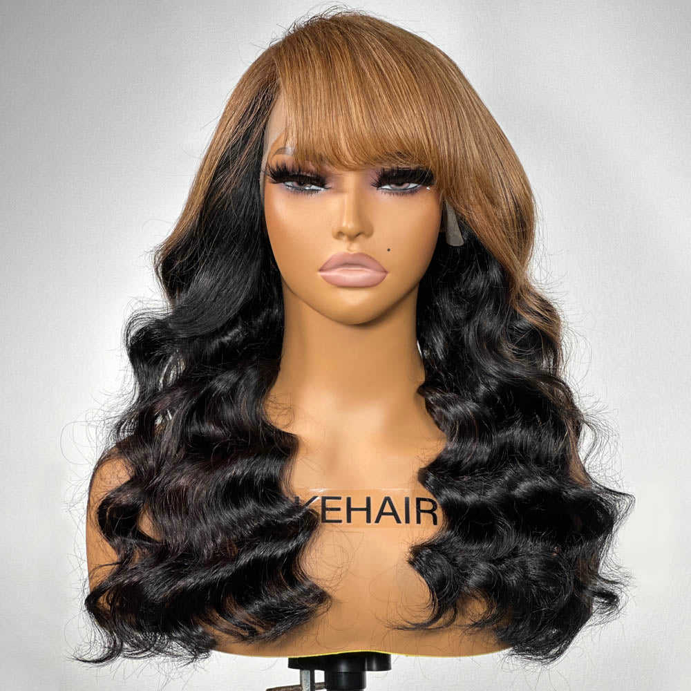 
            
                Load image into Gallery viewer, Brown Mix Black Glueless Loose Wave 13x4 Lace Frontal Wig With Side Bang
            
        