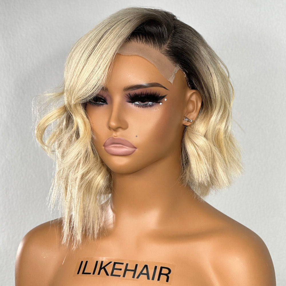 
            
                Load image into Gallery viewer, Short Asymmetrical Bob 613 Blonde Dark Root Wavy Lace Closure Wig
            
        