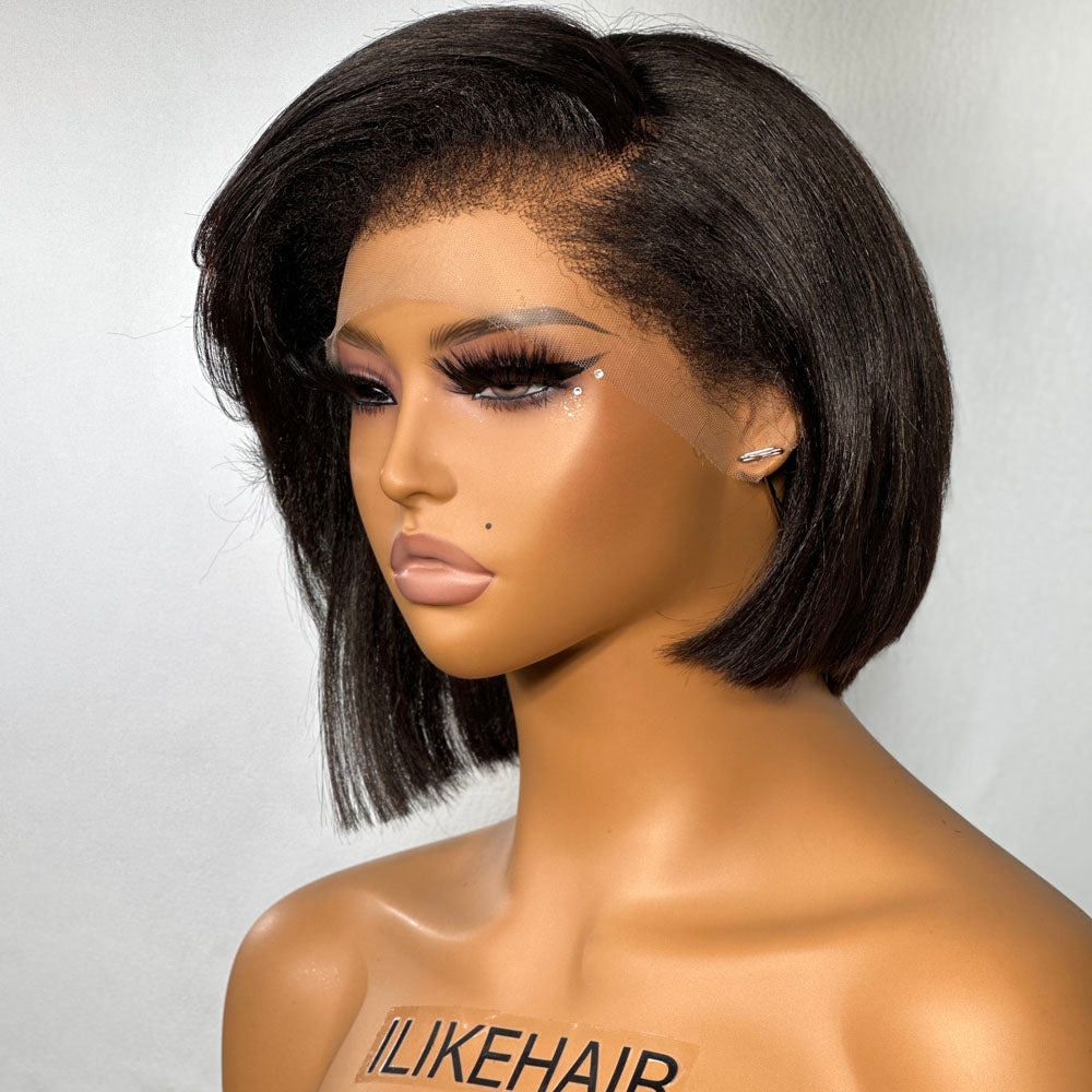 
            
                Load image into Gallery viewer, Glueless Yaki Straight Bob Kinky Edges 13x4 Frontal Wig With Side Layered Bangs
            
        