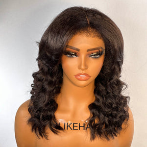 Layered Curtain Bang Curly Hair 13x4 HD Lace Frontal Kinky Edges Wig