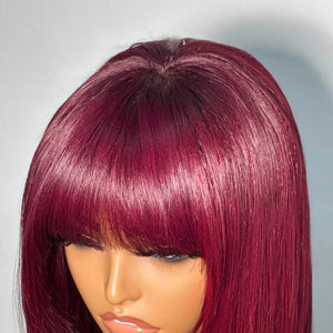 Layer Cut Straight Burgundy Bob 5x5 Lace Closure Wig With Bangs