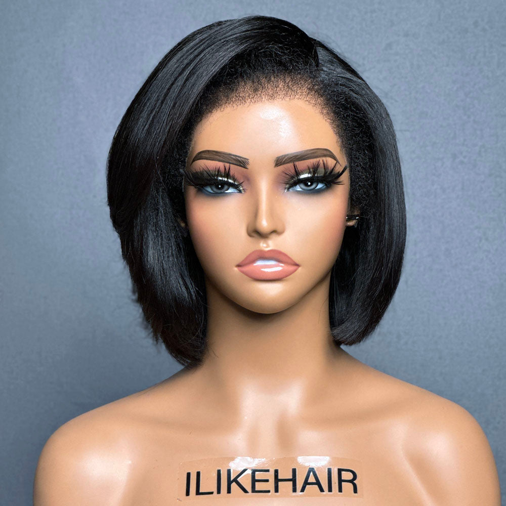 
            
                Load image into Gallery viewer, Boss Yaki Straight With Swept Bangs 13x4 HD Lace Front Kinky Edges Bob Wig
            
        