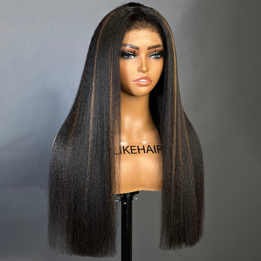Natural Black Mix Brown Highlights Straight 13x4 HD Lace Front Kinky Edges Wig