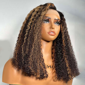 Natural Color With Blonde Highlight Kinky Curly 5x5 Lace Cloure Wig