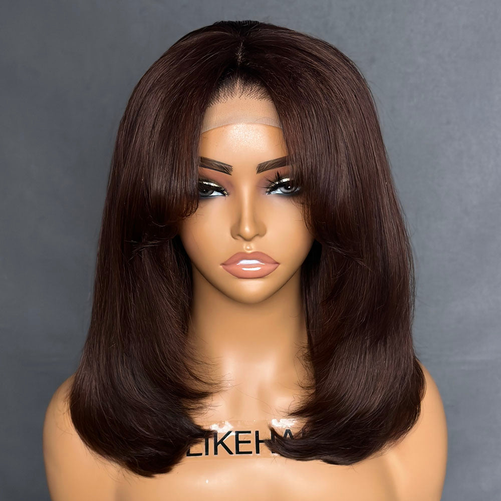 Chocolate Brown Layered Cut With Curtain Bangs 5x5 Lace Closure Wig