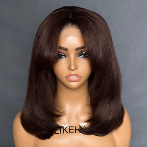 
            
                Load image into Gallery viewer, Chocolate Brown Layered Cut With Curtain Bangs 5x5 Lace Closure Wig
            
        