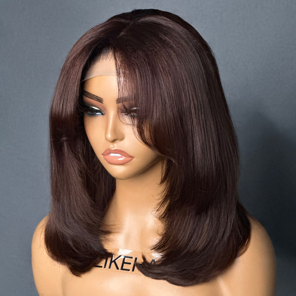 
            
                Load image into Gallery viewer, Chocolate Brown Layered Cut With Curtain Bangs 5x5 Lace Closure Wig
            
        