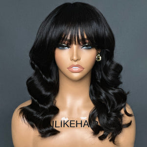 Wear & Go Natural Black Soft Wavy Glueless Wig With Bangs