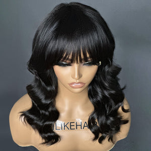 Wear & Go Natural Black Soft Wavy Glueless Wig With Bangs